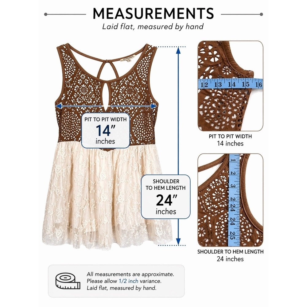 BKE Gimmicks Tank Top Women Small Brown Cream Lace Babydoll Boho Cutout Festival - Picture 5 of 13